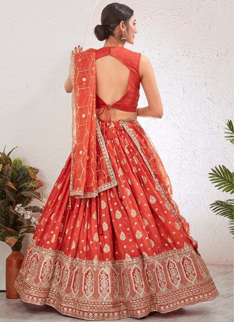 Rust Silk Choli and Lehenga with Organza Dupatta main image 1